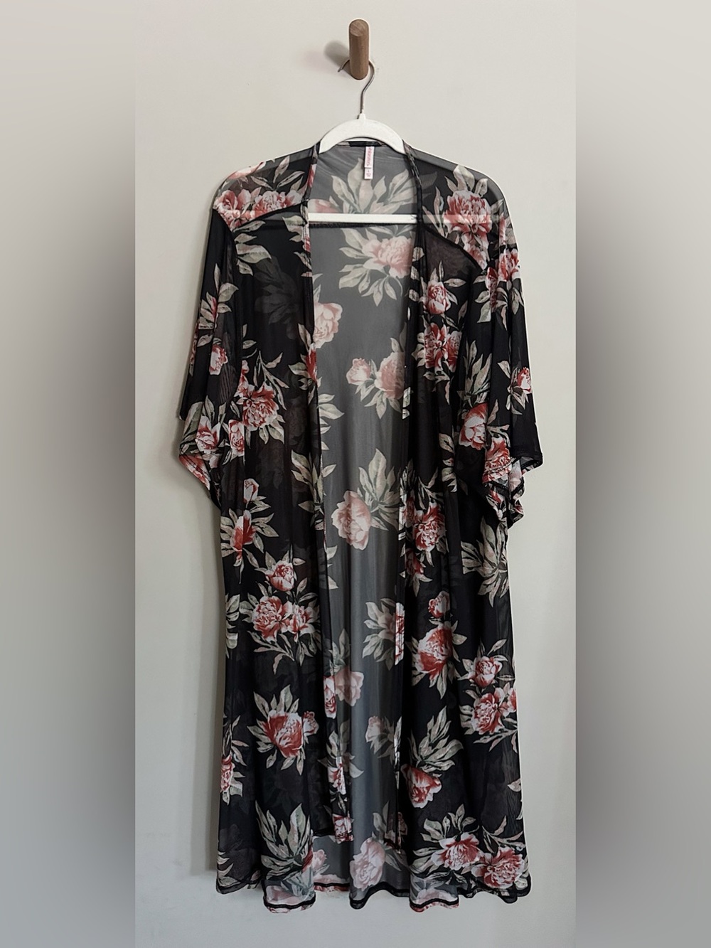 Dark Floral Sheer Mesh Kimono Duster